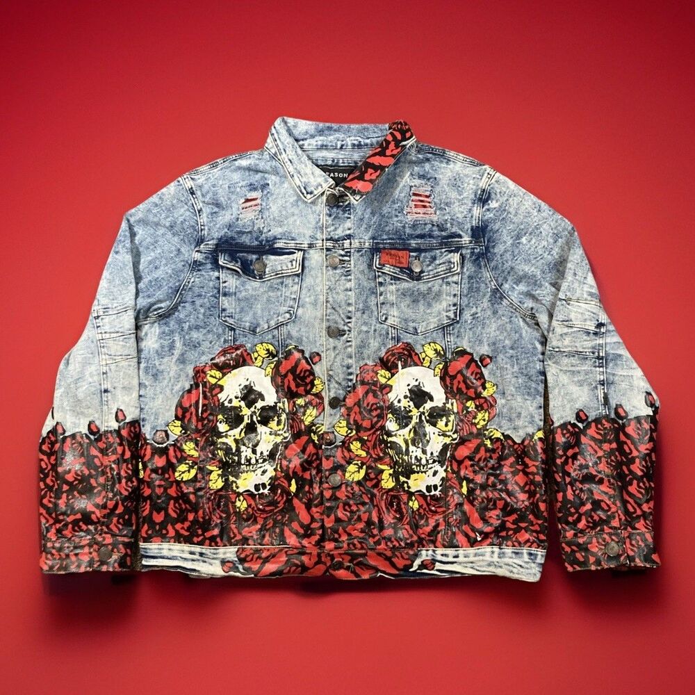 NWT! Reason Denim Jean Jacket Graphic Skull Painted Roses Distressed Mens XL
